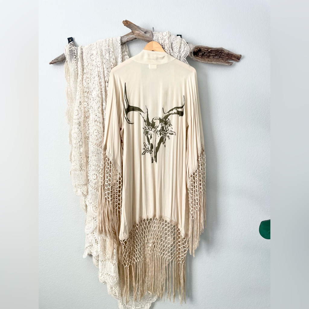 Spell | Vintage Cream Fringe Kimono Os